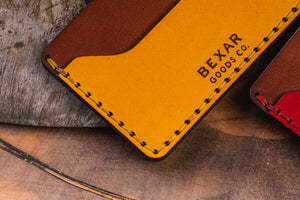 Yellow and brown slim wallet- two pocket with one center divider