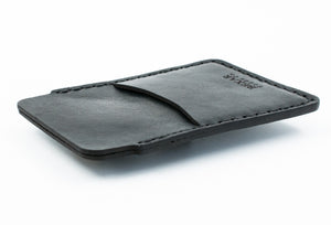 side view of black leather card sleeve with outer sleeve wallet