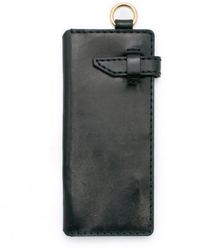 black leather eight pocket long wallet with two cash storage sleeves and brass lanyard