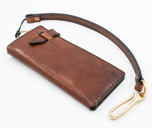 eight pocket long brown leather wallet with brass keychain lanyard