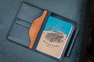 interior view of blue and brown leather notebook wallet with 4x4 journal book