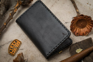 folded exterior of black leather vertical four card pocket wallet