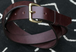 Dark Brown Leather belt with brass buckle coiled up on top of a black blanket