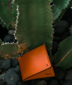 folded Orange six pocket bifold wallet next to cactus
