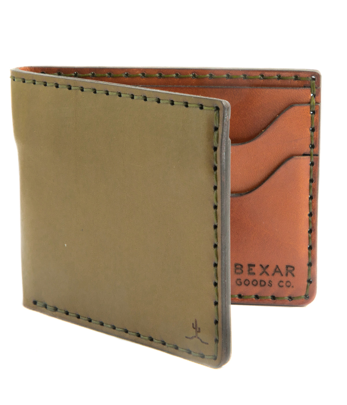 green exterior and brown interior leather four pocket bifold wallet