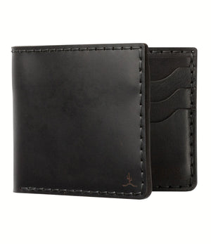 black cordovan leather exterior with black cow leather interior six card pocket bifold wallet