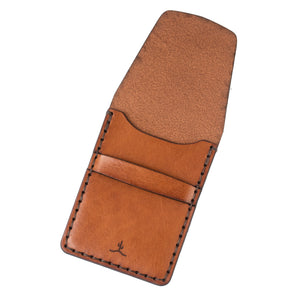 open interior view of brown leather card wallet with leather closure