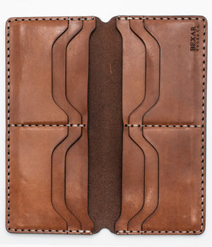 interior view of brown leather long wallet with eight card pockets and two cash sleeves