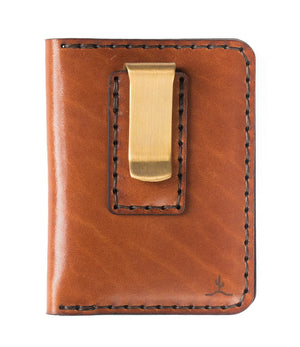 brown leather four pocket folding wallet with brass money clip