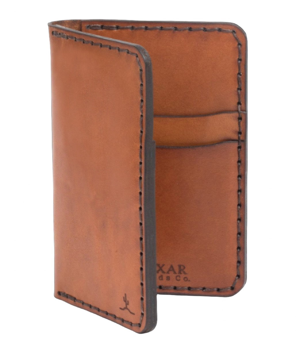 brown vertical wallet exterior/interior view with four pockets