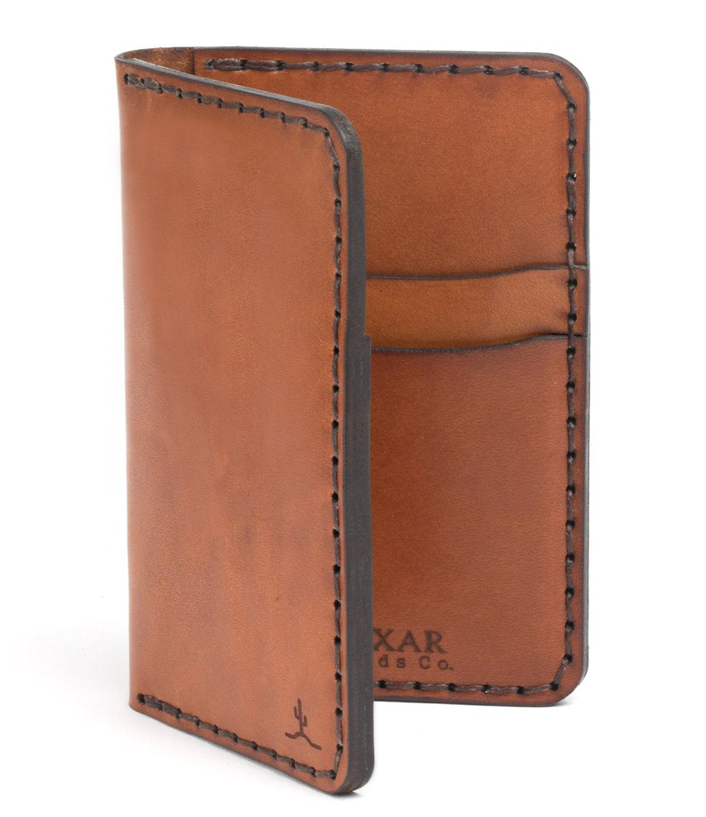 brown vertical wallet exterior/interior view with four pockets