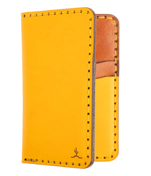 yellow leather exterior brown leather interior four pocket vertical wallet