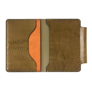 green and brown leather notebook wallet with two card pockets