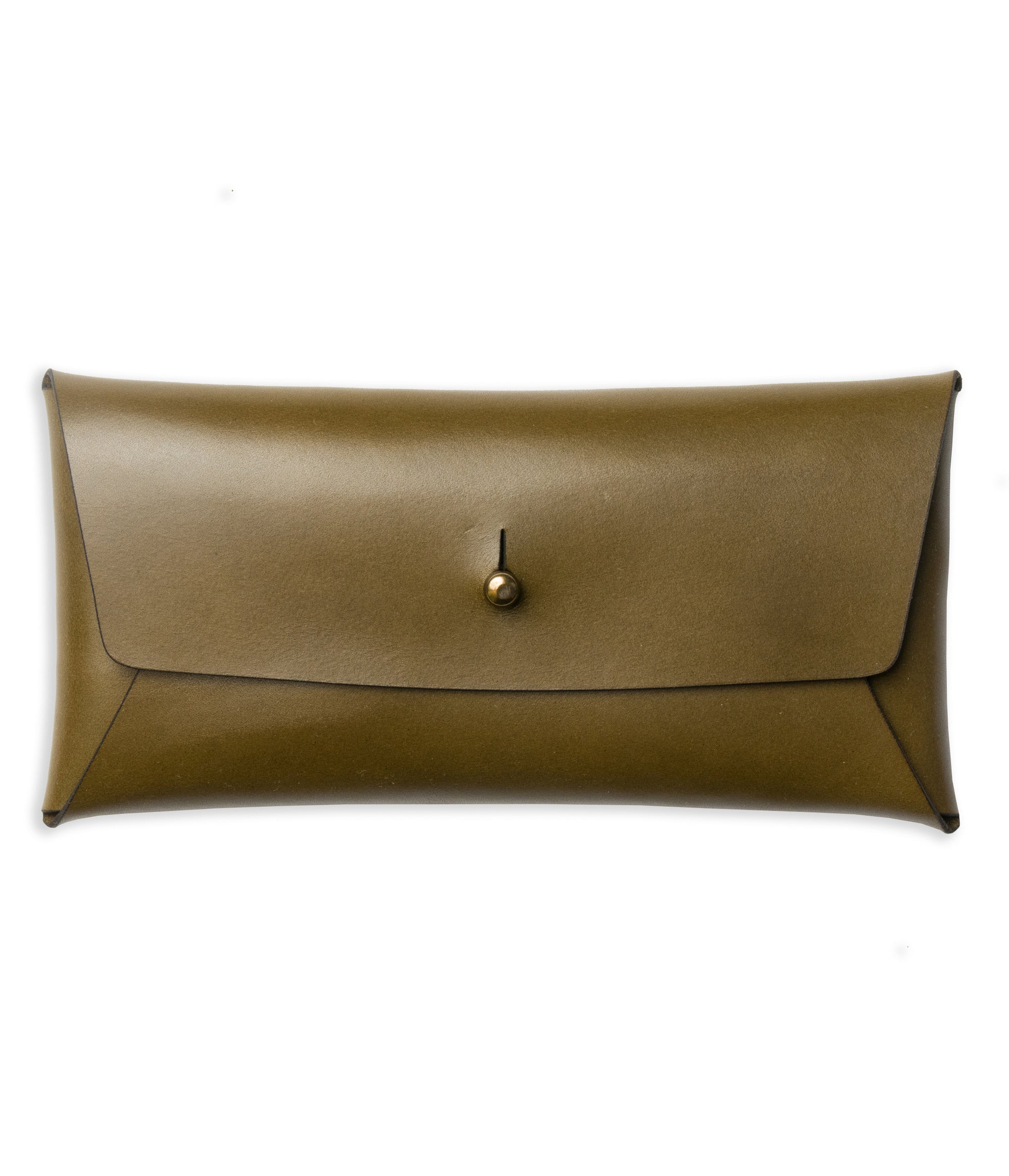 green leather folding card long wallet with brass stud closure