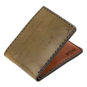 folded view of green exterior and brown interior leather six pocket bifold wallet