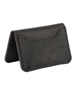 alternate profile view of black leather three card pocket folded wallet