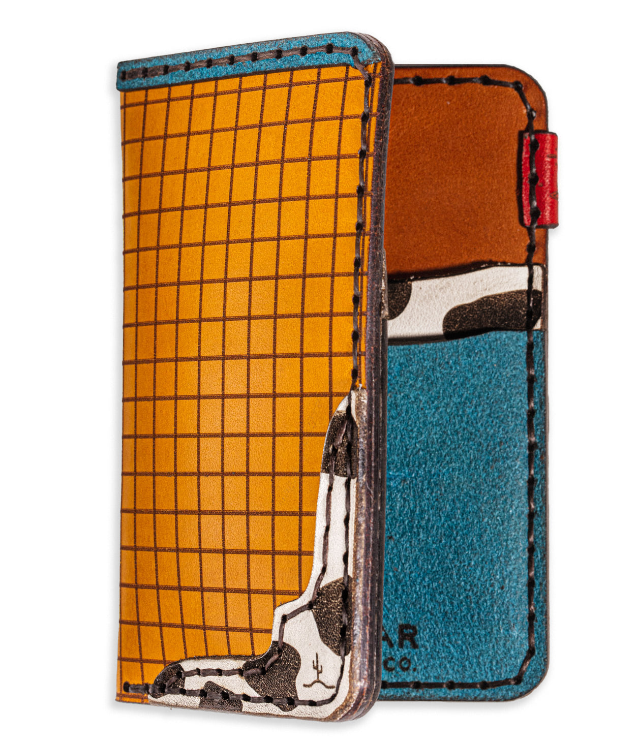 multicolor four pocket vertical wallet with red, blue, yellow, and cowprint leather
