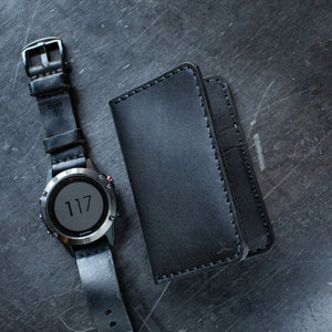 black leather vertical four card pocket wallet next to matching watch strap