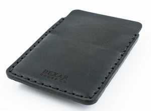 bottom profile view of black leather card sleeve with outer sleeve wallet