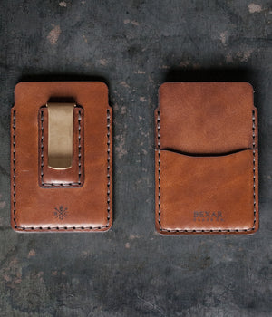 front and rear view of two pocket simple brown leather wallet with brass money clip on exterior back