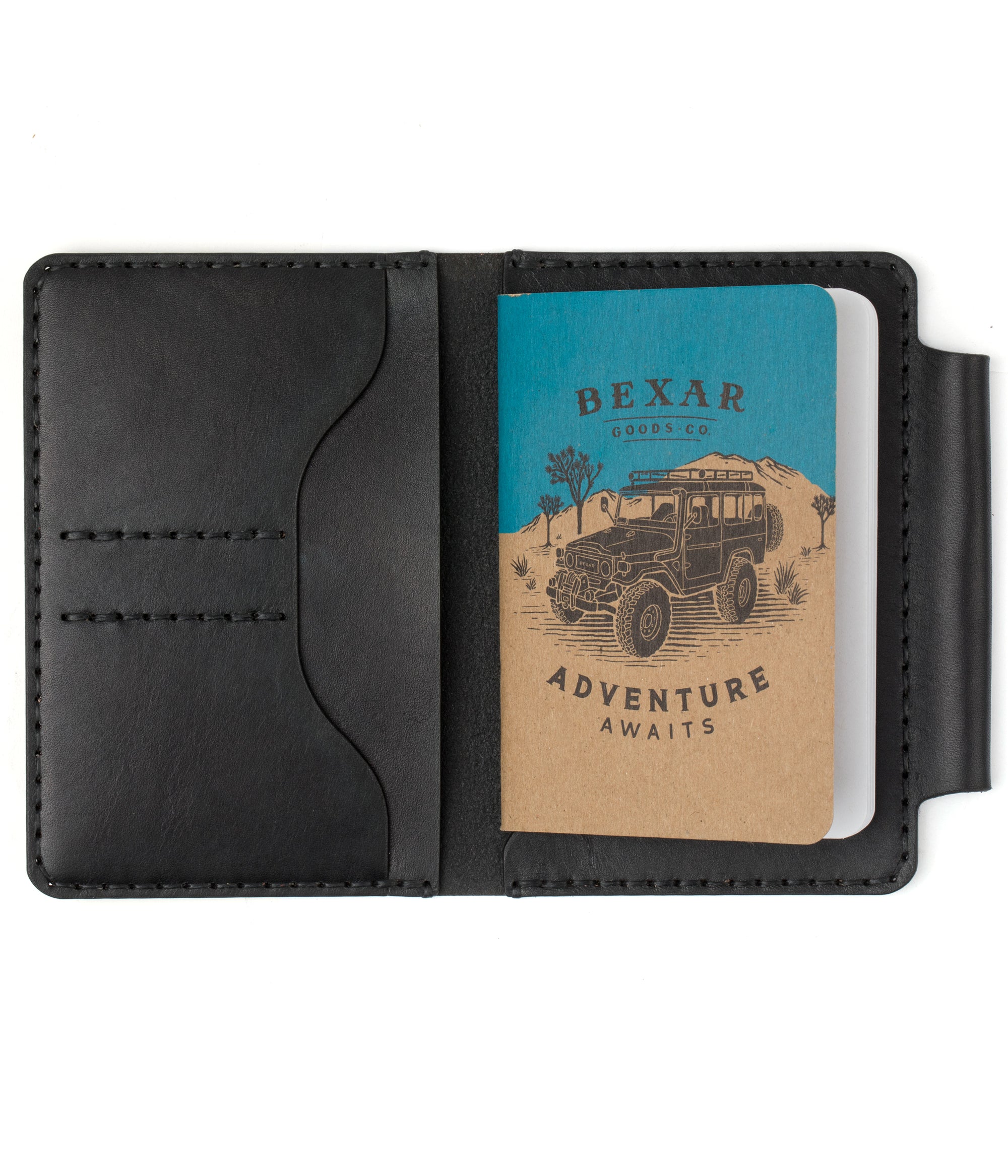 black leather notebook wallet with two card pockets and pen sleeve