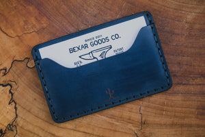 blue cordovan and brown leather two pocket slim wallet with card in pocket