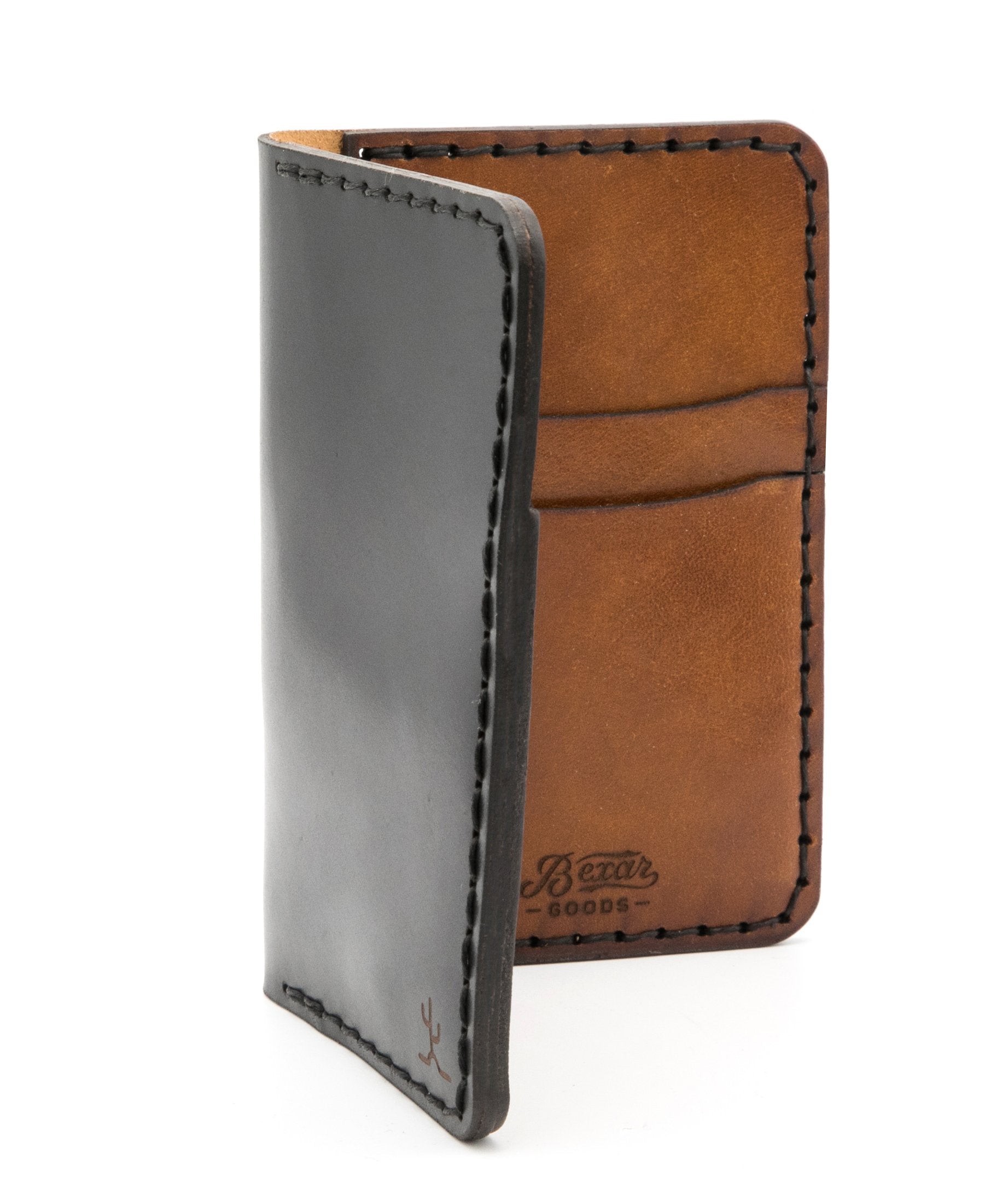 black cordovan leather exterior with brown leather interior four pocket vertical wallet