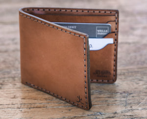 open exterior/interior of Whiskey cordovan and brown leather six pocket bifold wallet