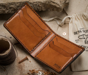 interior of brown leather six pocket wallet