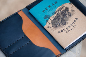 closeup interior view of blue and brown leather notebook wallet with 4x4 journal book