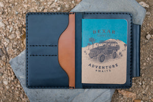 interior view blue and brown leather notebook wallet with 4x4 journal book