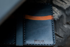 interior view of blue and brown leather  four pocket vertical wallet