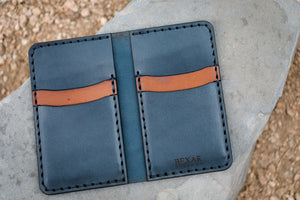 open interior view of blue and brown leather  four pocket vertical wallet