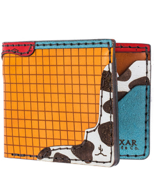 multicolor four pocket bifold wallet with red, blue, yellow, and cowprint leather