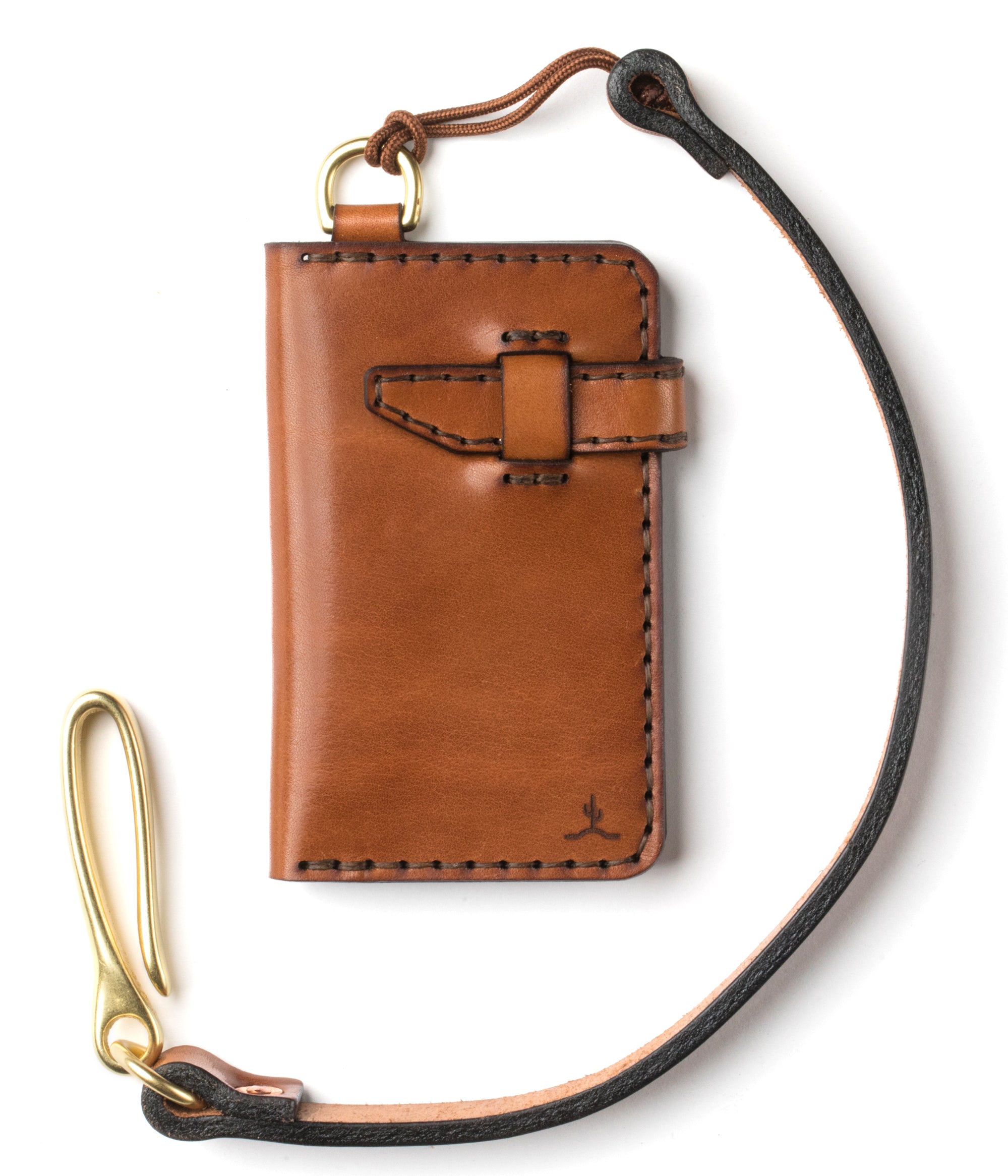 front view of four pocket long brown leather wallet with brass keychain lanyard