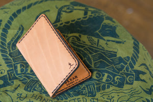 folded exterior view of russet colored brown vertical wallet with four card pockets