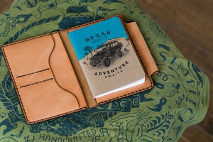 russet brown color leather wallet with 4x4 vehicle notebook and two card pockets
