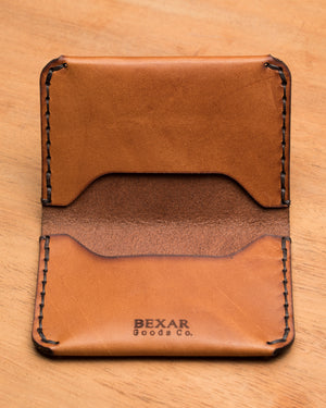 interior view of three card brown leather wallet