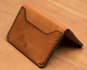 folded view of three card brown leather wallet