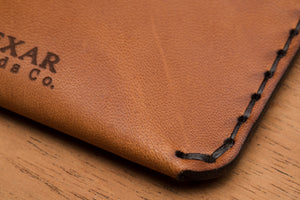 detail view of three card brown leather wallet brown cord stitching