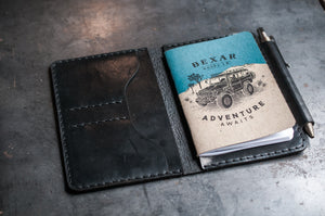 alternate view of black leather notebook wallet with two card pockets and pen sleeve