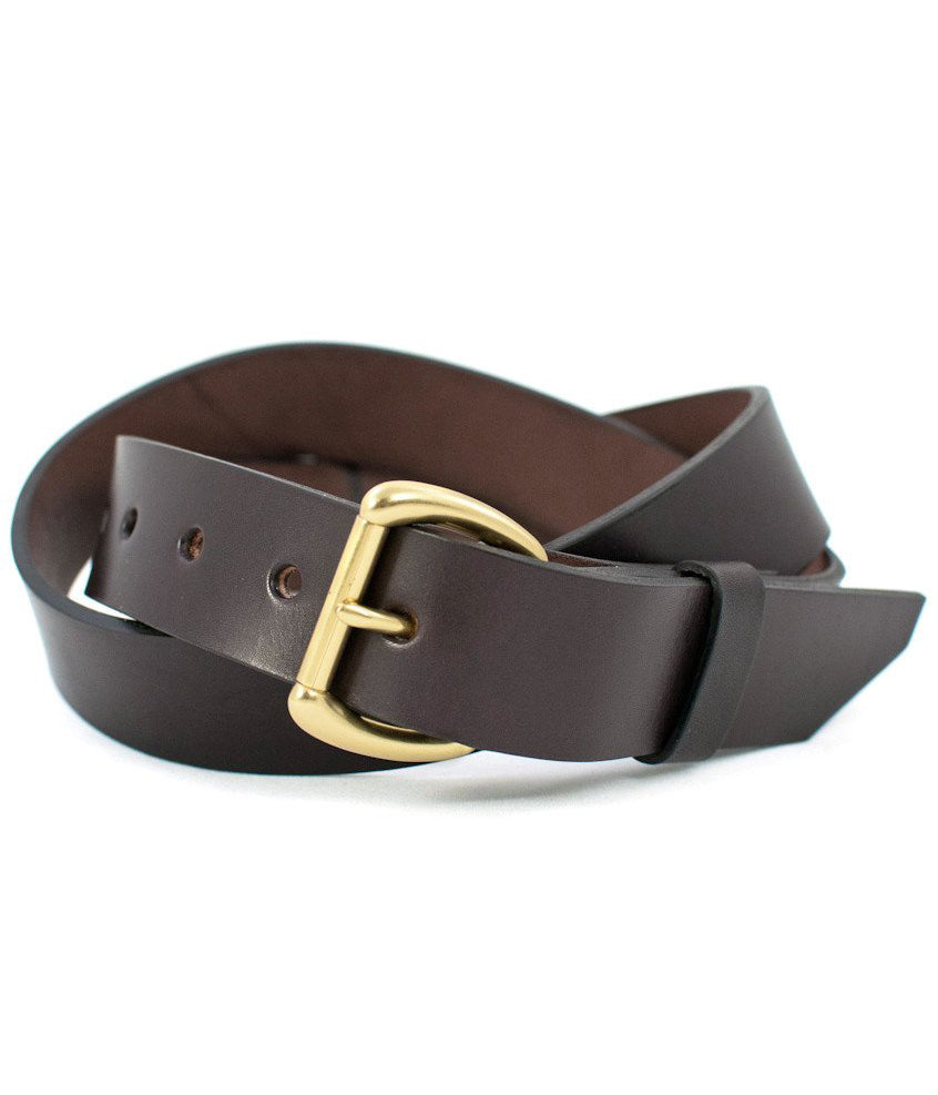 Dark brown leather belt featuring brass buckle