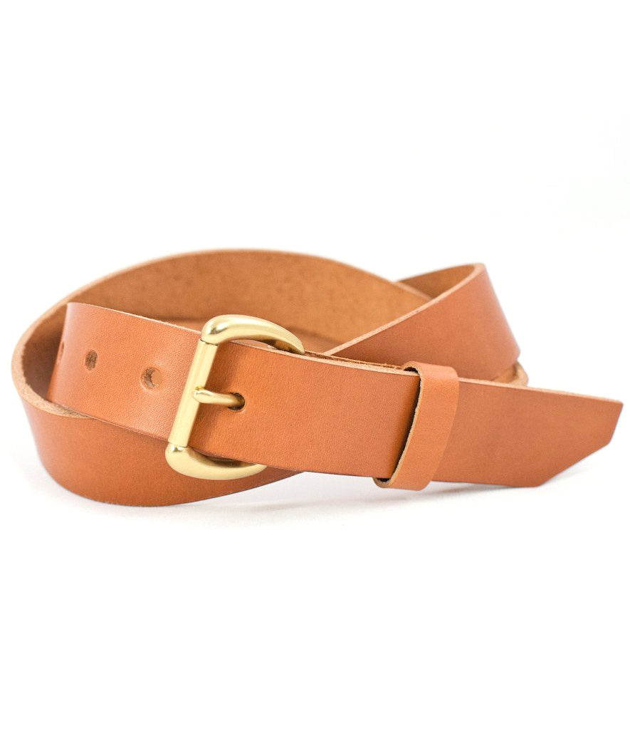 Tan bridle belt with brass buckle wrapped up