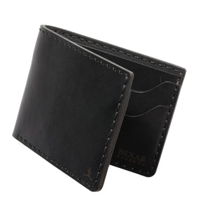 folded exterior/interior view of black leather four card pocket bifold wallet