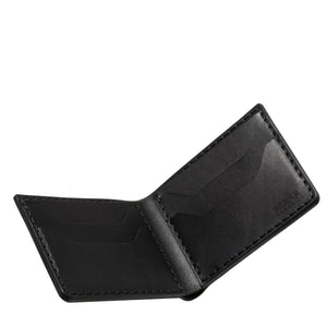 open interior view of black leather four card pocket bifold wallet