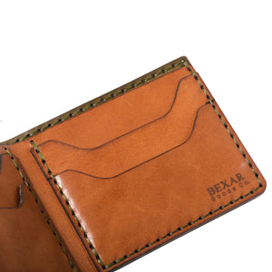 Interior view ogreen exterior and brown interior leather four pocket bifold wallet