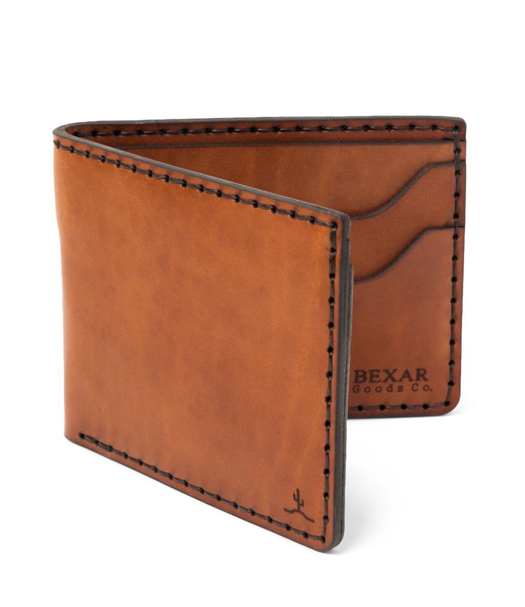 brown leather bifold with 4 card pockets and one cash sleeve