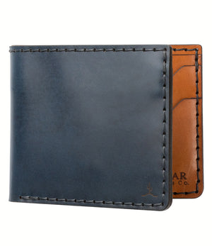 blue cordovan and brown leather four pocket bifold wallet