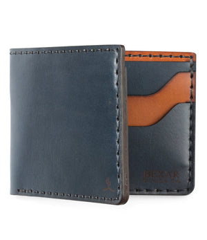 blue and brown leather four card pocket bifold wallet