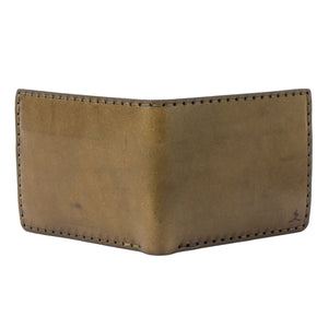 open view of green exterior and brown interior leather six pocket bifold wallet